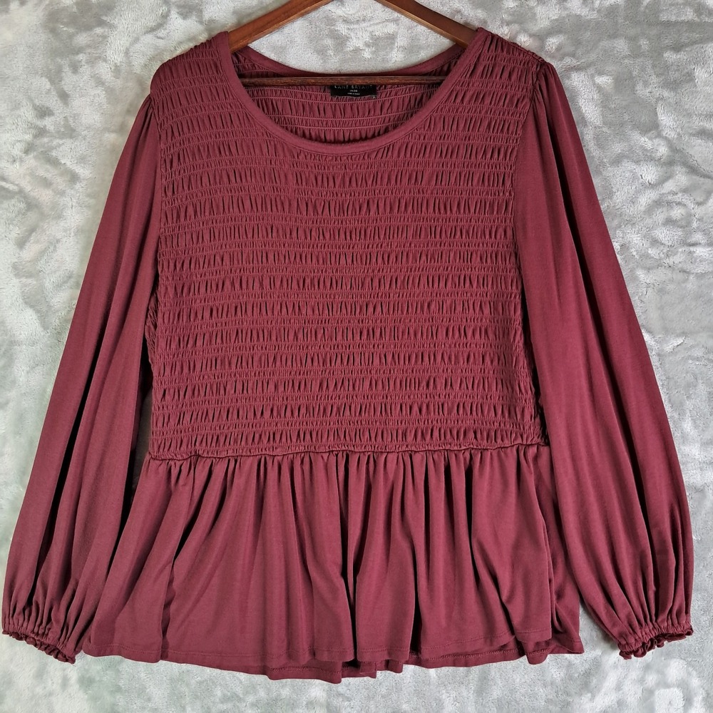 Lane Bryant Womens 18/20 Wine Burgundy Smocked Bodice Peplum Top Long Sleeve